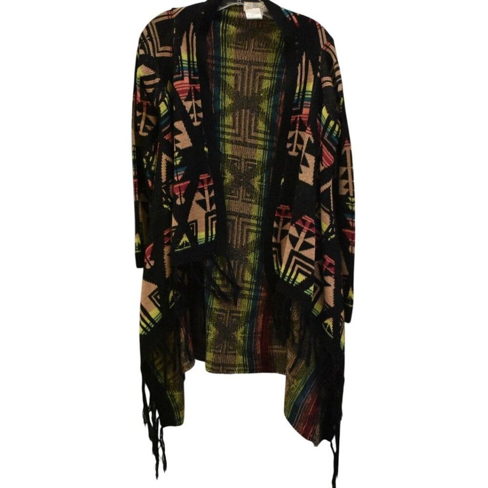 Women's Love Crazy Boho Southwestern Tribal Fringe Hi-Lo Cardigan Sweater Size M